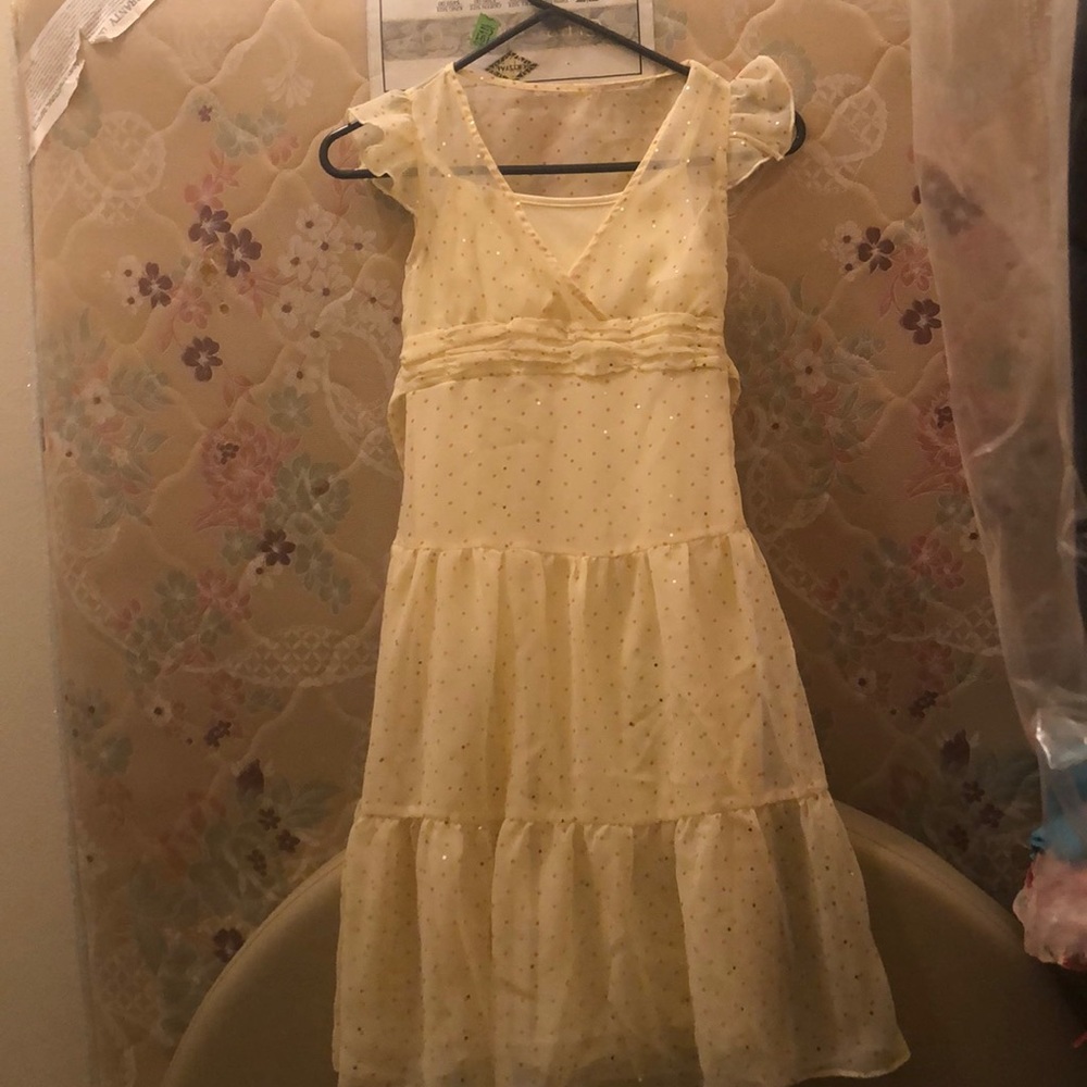 Yellow Silk Dress with Pink Polka Dots amd Sequins